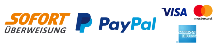Zahlmethoden Sofort Überweisung, Paypal, Visa, Mastercard und American Express für unseren Online-Shop