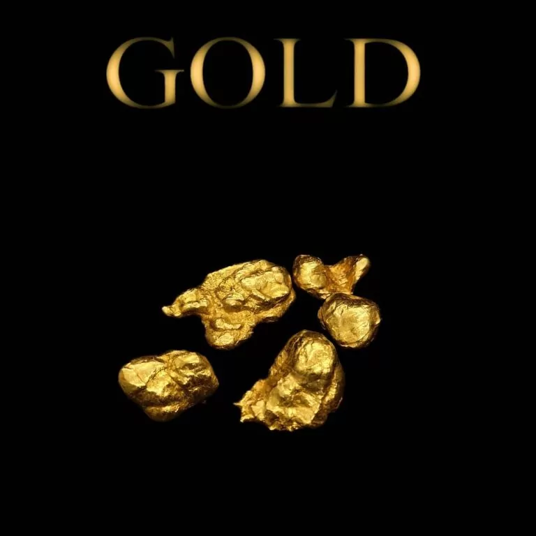 Goldnuggets auf schwarzem Hintergrund mit Beschriftung "GOLD"