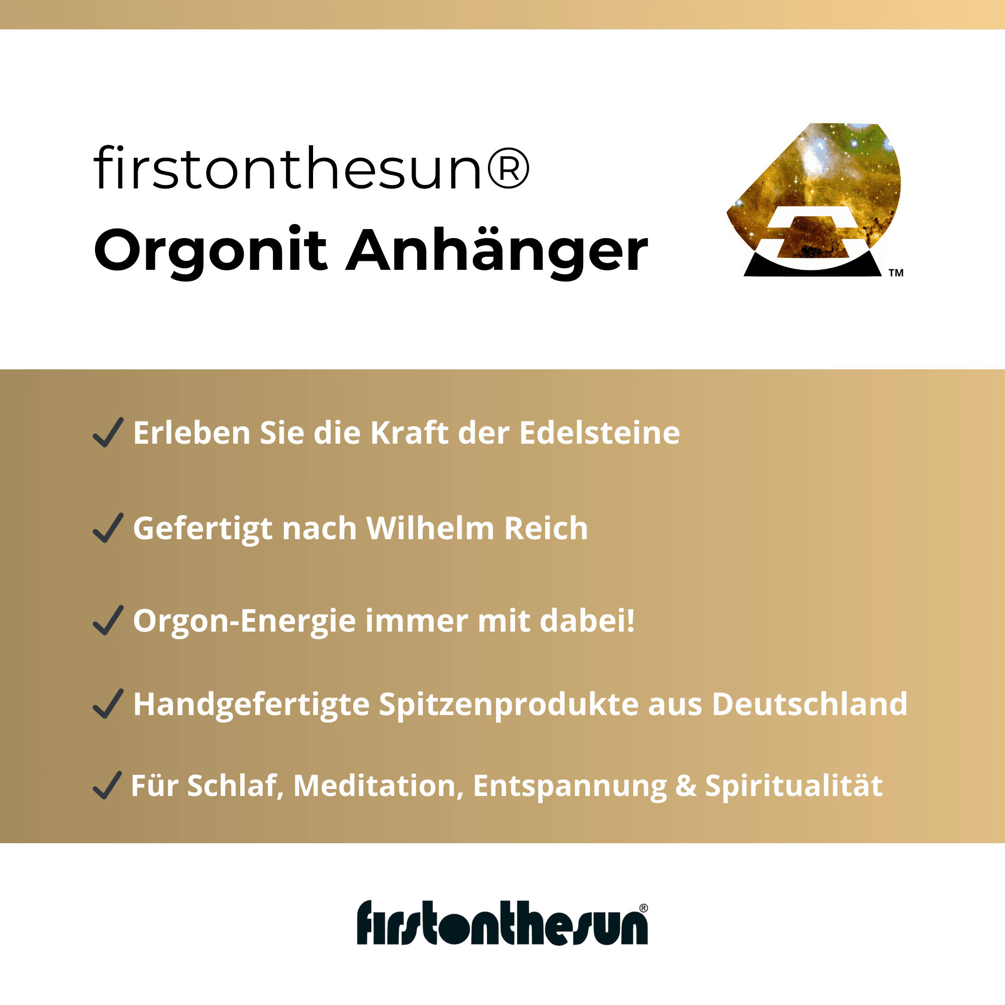 Auflistung der Eigenschaften & Qualität von firstonthesun Orgonit Anhängern.