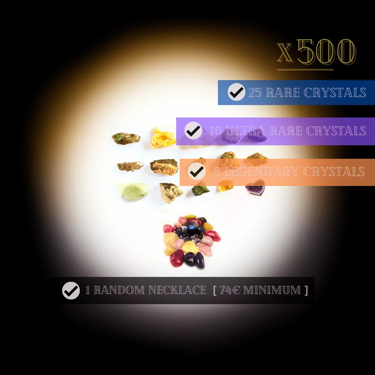 Zufällige Kristalle als Mystery Crystal mit Text zur Mengenangabe dieses Paketes. Symbolbild für die Frage: Was ist mein Kraftstein?