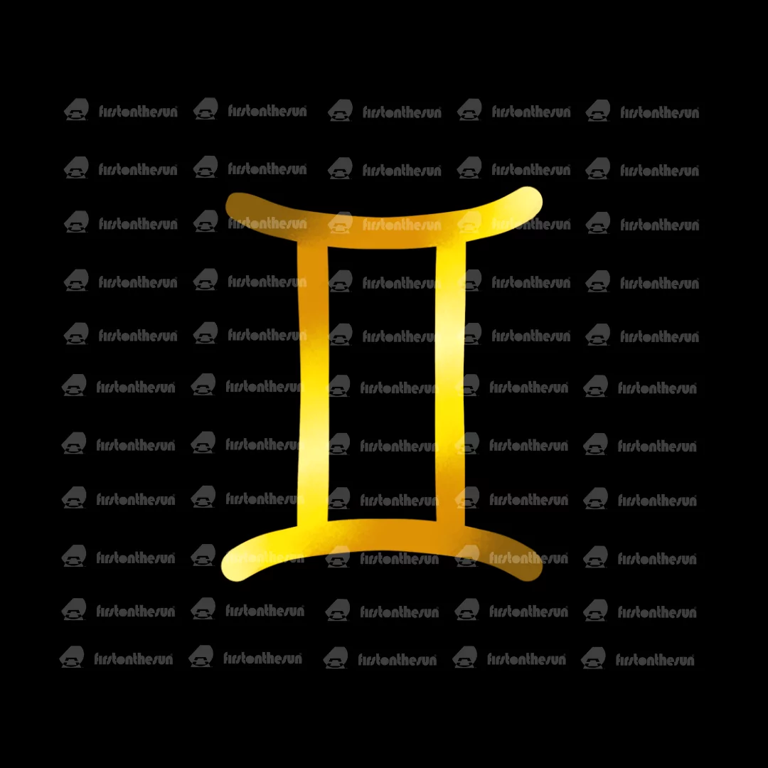 Das alchemistische Symbol des Sternzeichen Zwillinge in Gold mit firstonthesun Wasserzeichen.