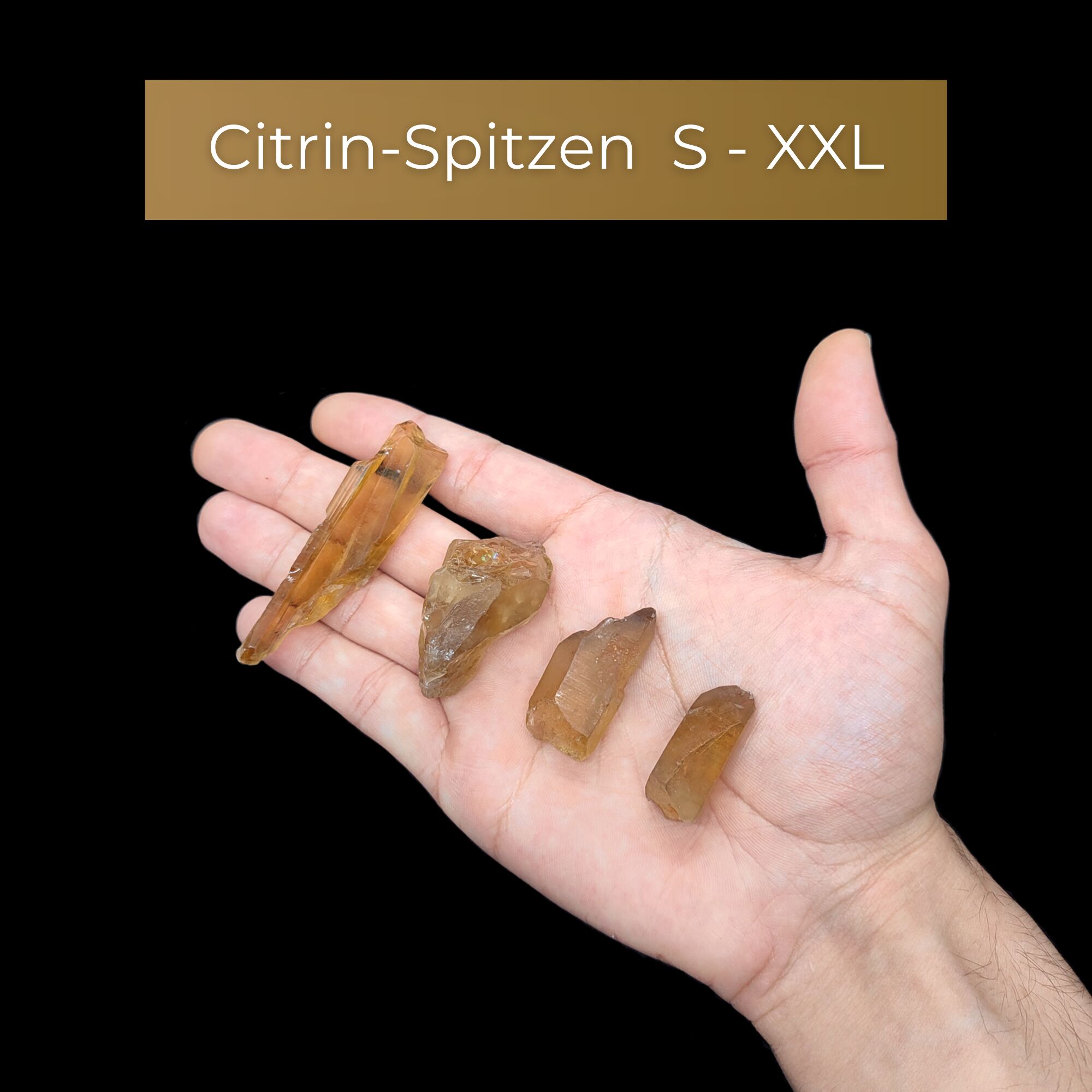 Natürliche gelbe Citrin Spitzen zur Größenübersicht aufgereiht.