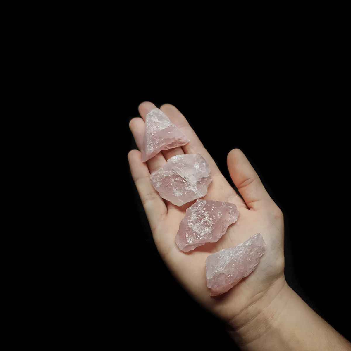 Präsentation von Rosenquarz Rohsteinen, welche bei uns gekauft werden können. Zum Größenvergleich liegen diese auf einer Handfläche.