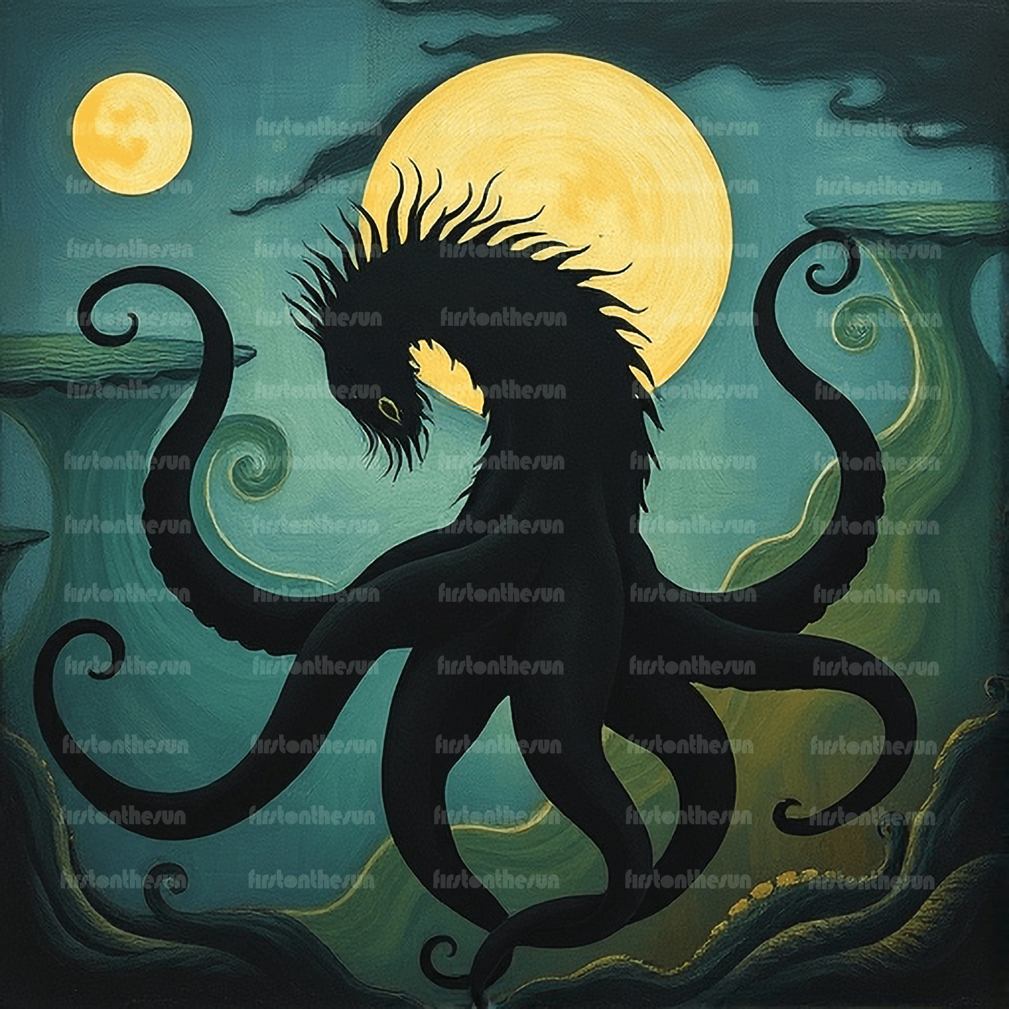 Abstrakte Zeichnung des Fabelwesen Leviathan. Es handelt sich um eine mythologische Kreatur.