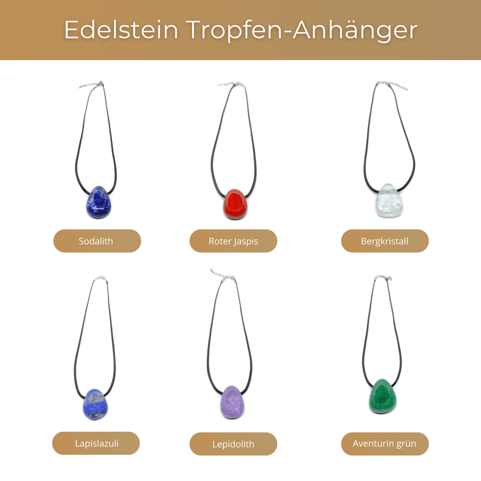 Sodalith, Roter Jaspis, Bergkristall, Lapislazuli, Lepidolith & Aventurin Edelsteine in einer Übersicht für Teardrop-Anhänger.