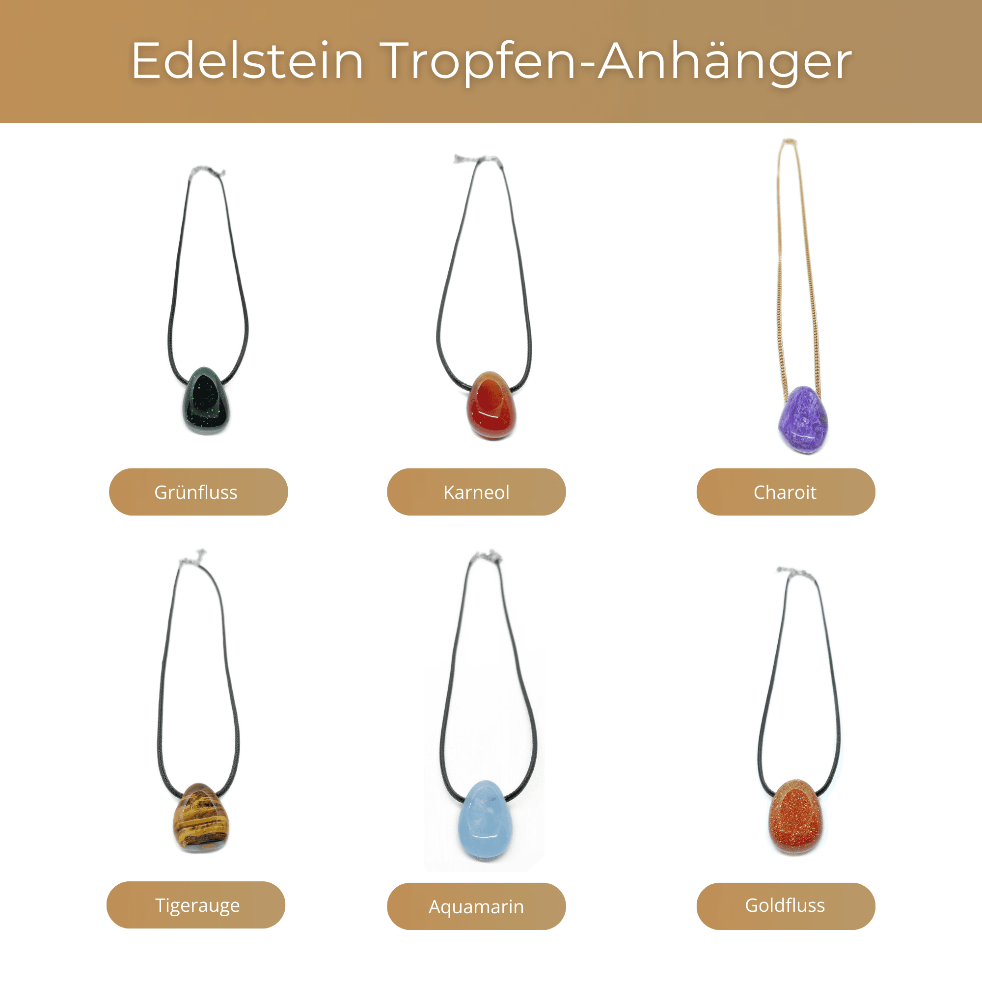 Grünfluss, Karneol, Charoit, Tigerauge, Aquamarin & Goldfluss Edelsteine in einer Übersicht für Teardrop-Anhänger.
