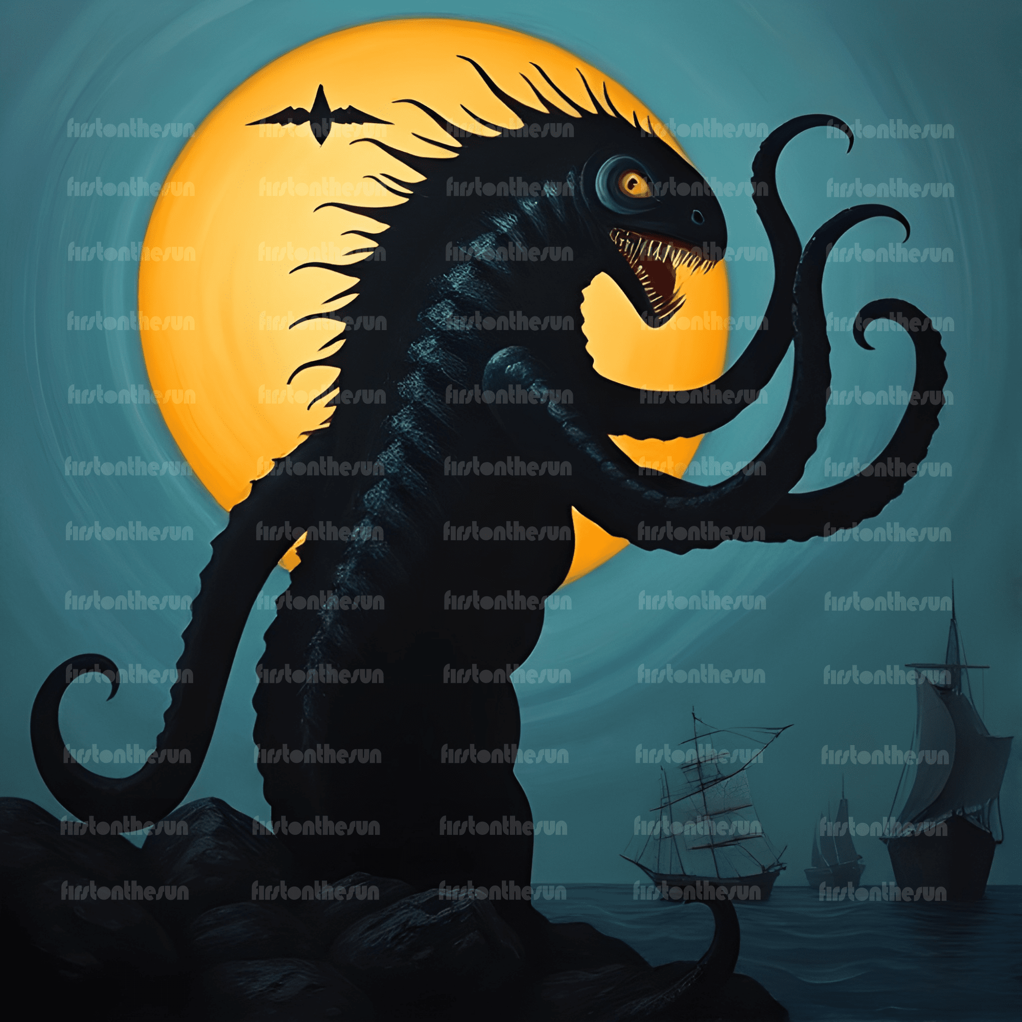 Abstrakte Zeichnung des Fabelwesen Leviathan. Es handelt sich um eine mythologische Kreatur.