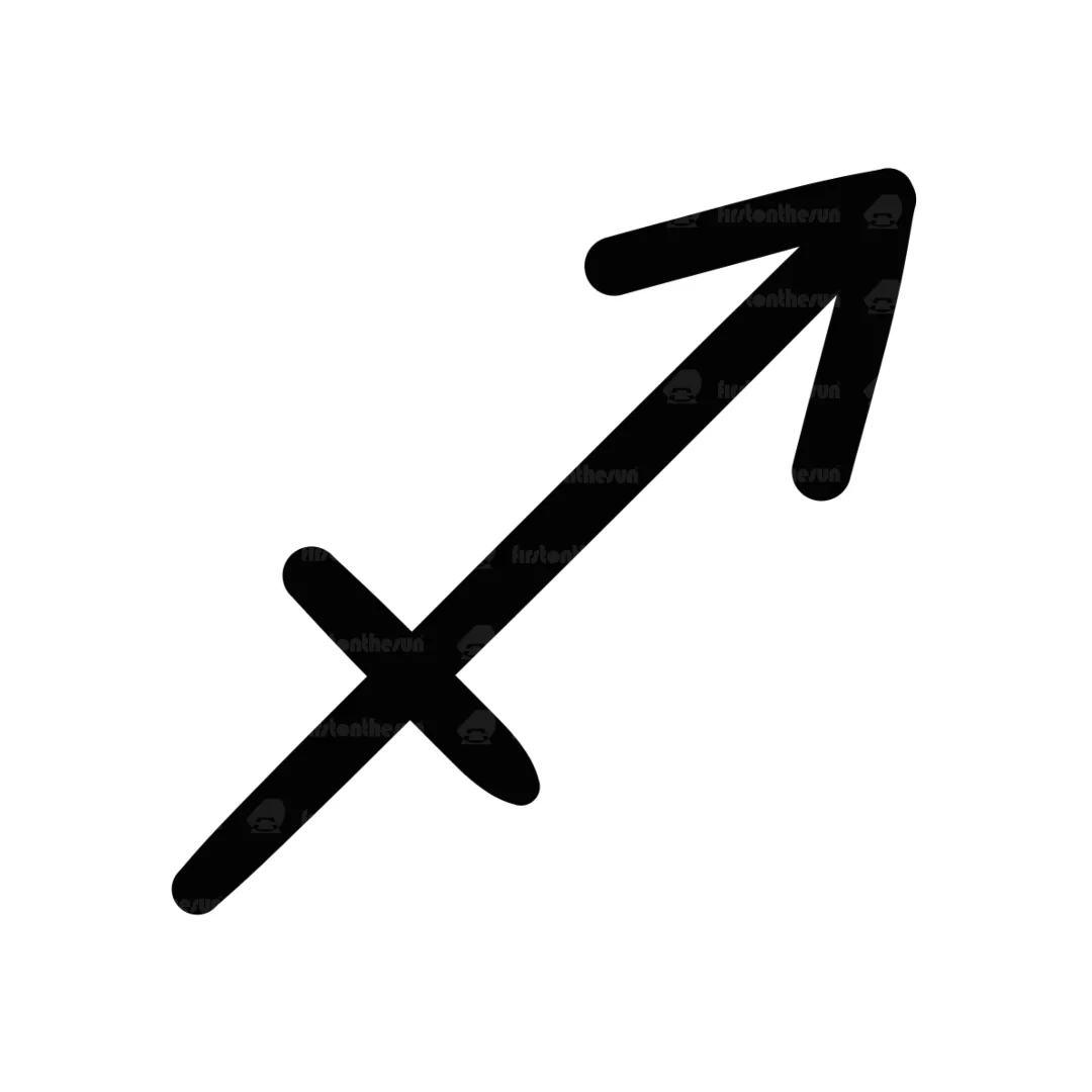 Das alchemistische Symbol des Sternzeichen Schütze in Schwarz mit firstonthesun Wasserzeichen.